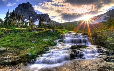 滝, 朝, 太陽の日射, 美しいpeisaj