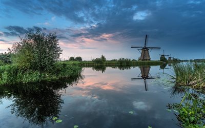 Hollanda, akşam, yel değirmenleri, gökyüzü, sis, bulutlar