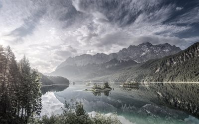 il lago, foto di laghi, mattina, montagne, nuvole, nebbia
