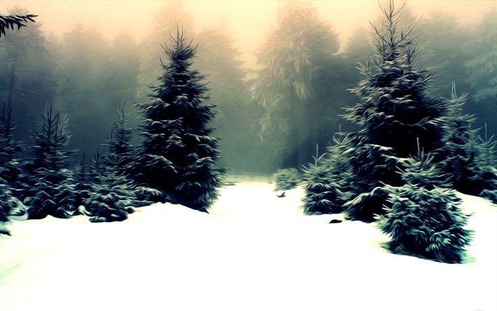 árbol, bosque, invierno, dibujado invierno, alinci