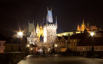 夜, プラハ, チェコ共和国, カレル橋