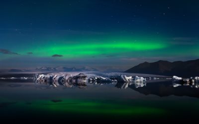islândia, aurora boreal, a lagoa glacial