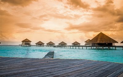 bungalov, Karayipler, oteller, Maldivler, Gün batımı