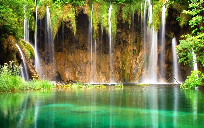 verdes, o lago, cachoeira, verão