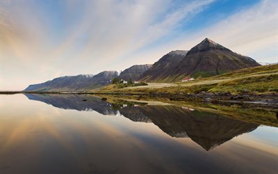 湖, 村, アイスランド, 落ち着いたwestfjords