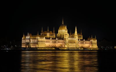 budapest, parlamentets hus, kväll, natt