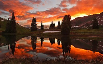 beau coucher de soleil, le lac, le calme, le ciel rouge