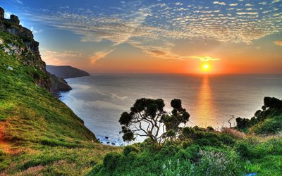 havet, klippan, solnedgången, kusten, exmoor, storbritannien
