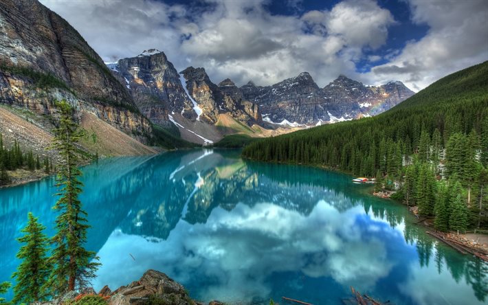 o lago, lago moraine, paisagem, banff, lago azul, montanhas, árvores