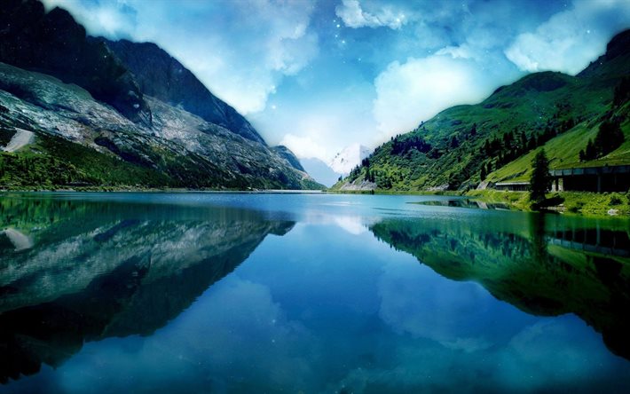 noruega, montanhas, belo lago, fiorde