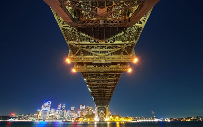 noite, a ponte do porto de sydney, austrália, sydney, ponte em arco