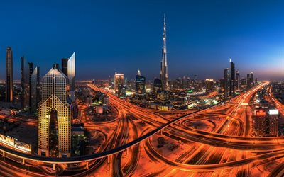 संयुक्त अरब अमीरात, दुबई, रात, बुर्ज खलीफा, गगनचुंबी इमारतों