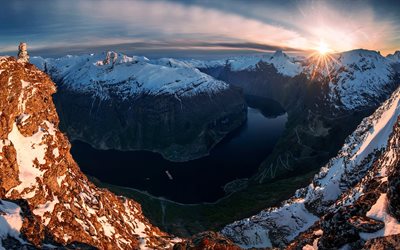 सुबह की तस्वीरें, पहाड़ों, नॉर्वे, पत्थर, नदी