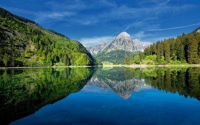 de los alpes, en suiza, las montañas, el lago, la verdura