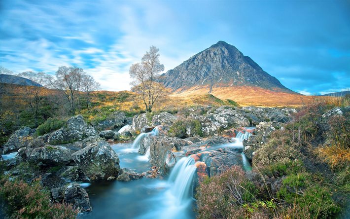 glencoen laakso, vuori buachaille, vuoret, sininen taivas, vesiputous, skotlanti