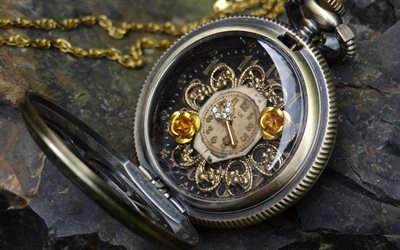 pocket watch, old clock, gold watch