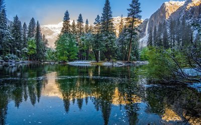 le lac, la forêt, rocher, arbre, neige, etats-unis, l'hiver, en californie, le parc de yosemite
