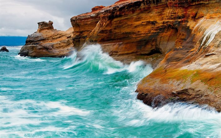 mar, rocha, onda, tempestade, água azul