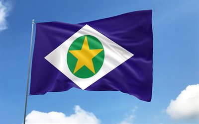 mato grosso  flagga på flaggstång, 4k, brasilianska stater, blå himmel, mato grosso, wavy satinflaggor, mato grosso  flagga, stater i brasilien, flaggstång med flaggor, brasilien