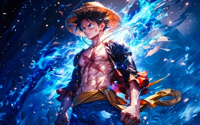 monkey d luffy, 4k, 3d art, attrezzatura quinta, manga, fiamme del fuoco blu, un pezzo, marcia 5, artowork, gomu gomu no mi, scimmia d luffy un pezzo