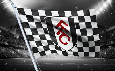 4k, Fulham FC logo, English football club, stadium flag, Fulham FC fans flag, black white flag, Fulham FC emblem, Premier League, England, football, Fulham FC
