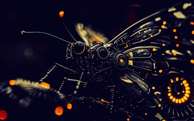 farfalla meccanica, sfondo nero, farfalla nera, arte creativa, insetti meccanici, concetti fpv, farfalle creative