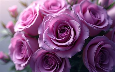 boutons de roses violettes, énorme bouquet de roses violettes, fond avec des roses, roses violettes, bouquet de roses violettes, bouquet romantique, roses