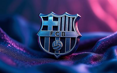 4k, FC Barcelona metal logo, bokeh, purple 3D background, LaLiga, FCB, soccer, FC Barcelona logo, football, Barcelona FC, spanish football club, FC Barcelona 3D logo, FC Barcelona emblem, FC Barcelona