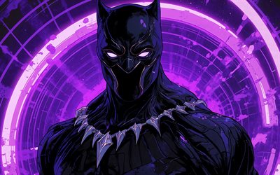 4k, musta pantteri, pimeys, supersankareita, marvel sarjakuvat, luova, violetti abstrakti tausta, black panther 3d, taideteos, musta pantteri taidetta, violetit neonsormukset, fanitaidetta, black panther 4k