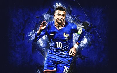 kylian mbappé, selección de fútbol de francia, futbolista francés, fondo de piedra azul, arte grunge, francia, fútbol americano, kylian mbappé francia