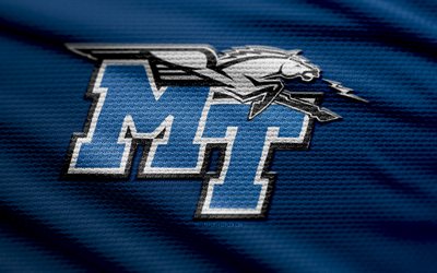 미들 테네시 블루 레이더스 패브릭 로고, 4k, 블루 패브릭 배경, ncaaf, 보케, 미식 축구, 미들 테네시 블루 레이더스 로고, ncaa, 컨퍼런스 미국, 미들 테네시 블루 레이더스