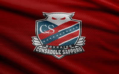 hokkaido consadole sapporo 패브릭 로고, 4k, 빨간색 직물 배경, j1 리그, 보케, 축구, hokkaido consadole sapporo, hokkaido consadole sapporo emblem, 일본 축구 클럽, hokkaido consadole sapporo fc