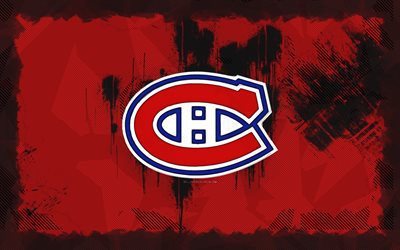 logo de grunge de montreal canadiens, 4k, nhl, fondo grune rojo, hockey, emblema de montreal canadiens, logotipo de montreal canadiens, club de hockey canadiense, montreal canadiens