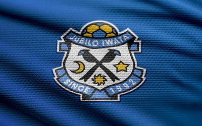 jubilo iwata 패브릭 로고, 4k, 파란색 직물 배경, j1 리그, 보케, 축구, jubilo iwata 로고, jubilo iwata emblem, jubilo iwata, 일본 축구 클럽, jubilo iwata fc