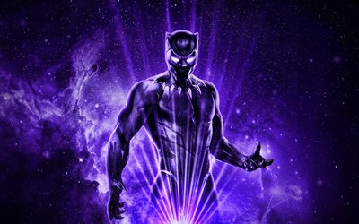 panthère noire, 4k, super héros, néons violets, le roi de wakanda, comics marvel, art 3d, œuvres d'art, black panther 4k