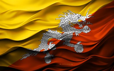 4k, bhutanin lippu, aasian maat, 3d bhutanin lippu, aasia, 3d  rakenne, bhutanin päivä, kansalliset symbolit, 3d  taide, bhutan