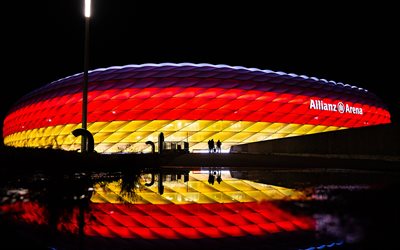 allianz arena, 4k, münchen, natt, tysklands bakgrundsbelysning, bayern münchen stadium, tyskland, bundesliga, bayern, fotboll, bayern münchen fc