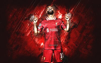 Mohamed Salah, Liverpool FC, portrait, Egyptian footballer, striker, Premier League, England, soccer, grunge art, red stone background, football