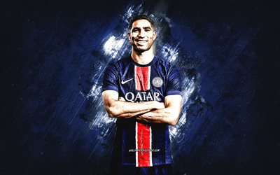 Achraf Hakimi, PSG, Moroccan footballer, Paris Saint-Germain, Ligue 1, grunge art, blue stone background, football, France