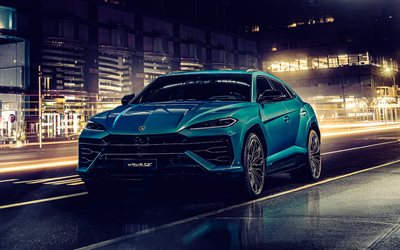 Lamborghini Urus SE, 4k, nightscapes, 2024 cars, tuning, SUVs, Blue, Lamborghini Urus, italian cars, 2024 Lamborghini Urus, Lamborghini