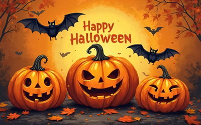 4k, feliz halloween, arte abstracto, calabazas aterradoras, murciélagos, bosque, víspera de todos los santos, calabazas, conceptos de halloween, inscripción feliz halloween, arte grunge, fondos de halloween