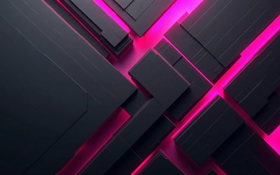 4k, pembe siyah arka plan, sanat eseri, malzeme tasarımı, pembe neon ışıkları, geometri, soyut arka planlar, geometrik arka planlar, soyutlamalar, siyah yüksek teknoloji arka planlar