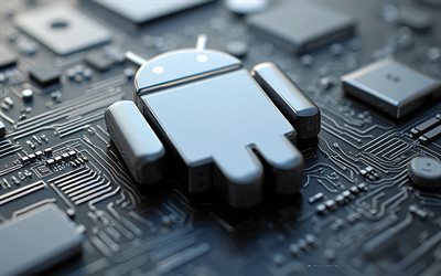 graues android 3d logo, 4k, android logo, grauer motherboard hintergrund, android emblem, grauer technologiehintergrund, android, 3d android logo, android 3d zeichen