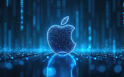 4k, apple blaues logo, bokeh, blauer matrixhintergrund, kunstwerk, elektronikmarken, apple metalllogo, apple logo, marken, apfel