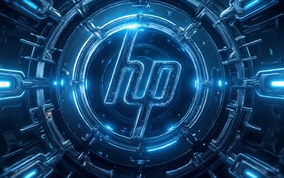 4k, Hewlett Packard logo, HP logo, blue neon light, Hewlett Packard, metal art, HP sign, HP 3D metal logo, HP symbol, HP creative logo, HP