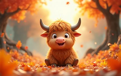 4k, yak de dibujos animados, otoño, caída de hojas, animales animados en 3d, bokeh, animales felices, yak 3d, animales 3d, yak, animales de dibujos animados, yaks