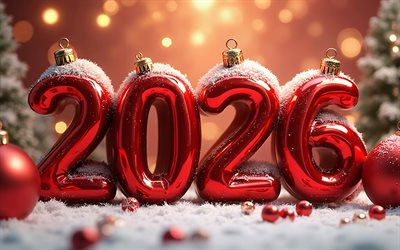 2026 Happy New Year, 4k, red 2026 Christmas balls, 2026 concepts, 2026 New Year, winter, Christmas, Happy New Year 2026, creative 2026 background