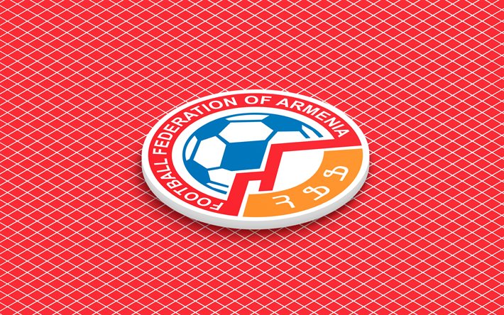 4k, logo isométrique de l'équipe nationale de football d'arménie, art 3d, art isométrique, équipe d'arménie de football, fond rouge, arménie, football, emblème isométrique