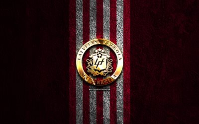 logo dorato della nazionale di calcio della lettonia, 4k, sfondo di pietra viola, uefa, squadre nazionali, logo della nazionale di calcio della lettonia, calcio, squadra di calcio lettone, nazionale di calcio della lettonia