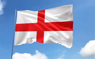 England flag on flagpole, 4K, European countries, blue sky, flag of England, wavy satin flags, English flag, English national symbols, flagpole with flags, Day of England, Europe, England flag, England